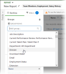 Screenshot showing outline panel with division selected in the Group rows field